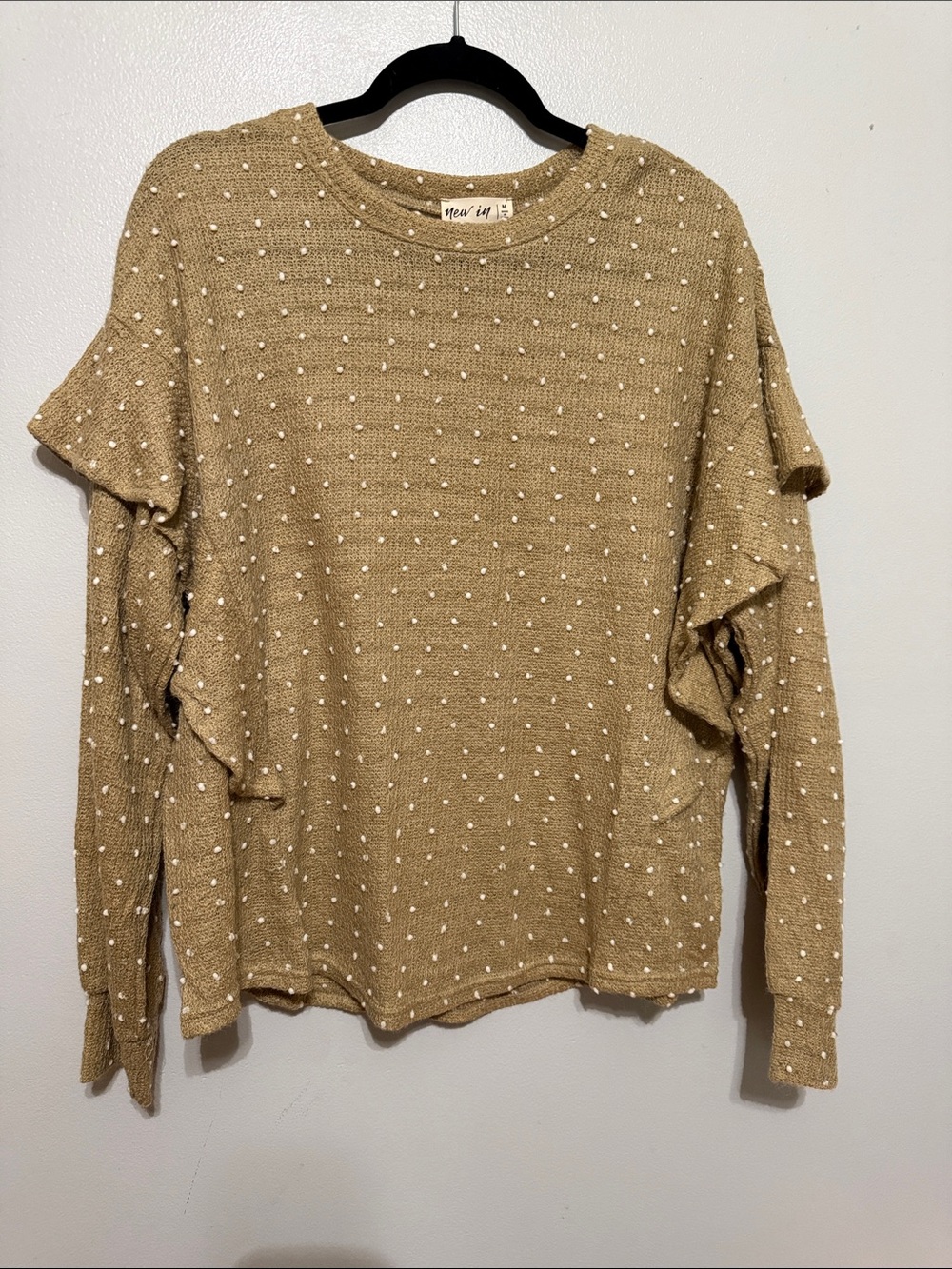Textured Tan Polka-Dot Ruffle Sweatshirt